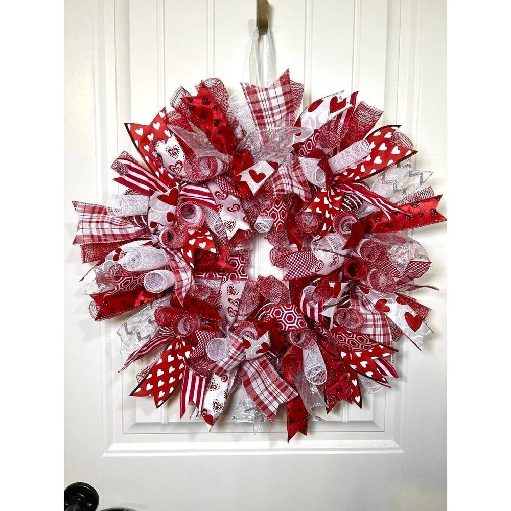 Handmade 22” Valentine’s Day Ribbon Mesh Wreath Hearts in Red & Pink w24
